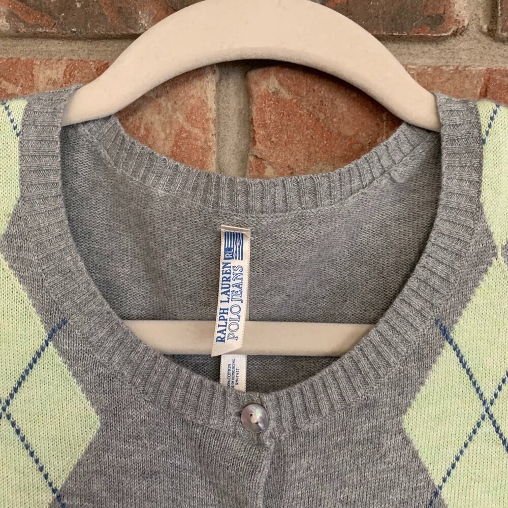 Ralph Lauren Polo Jeans Argyle Gray Women's Medium Button Down Cardigan Sweater - Picture 5 of 13